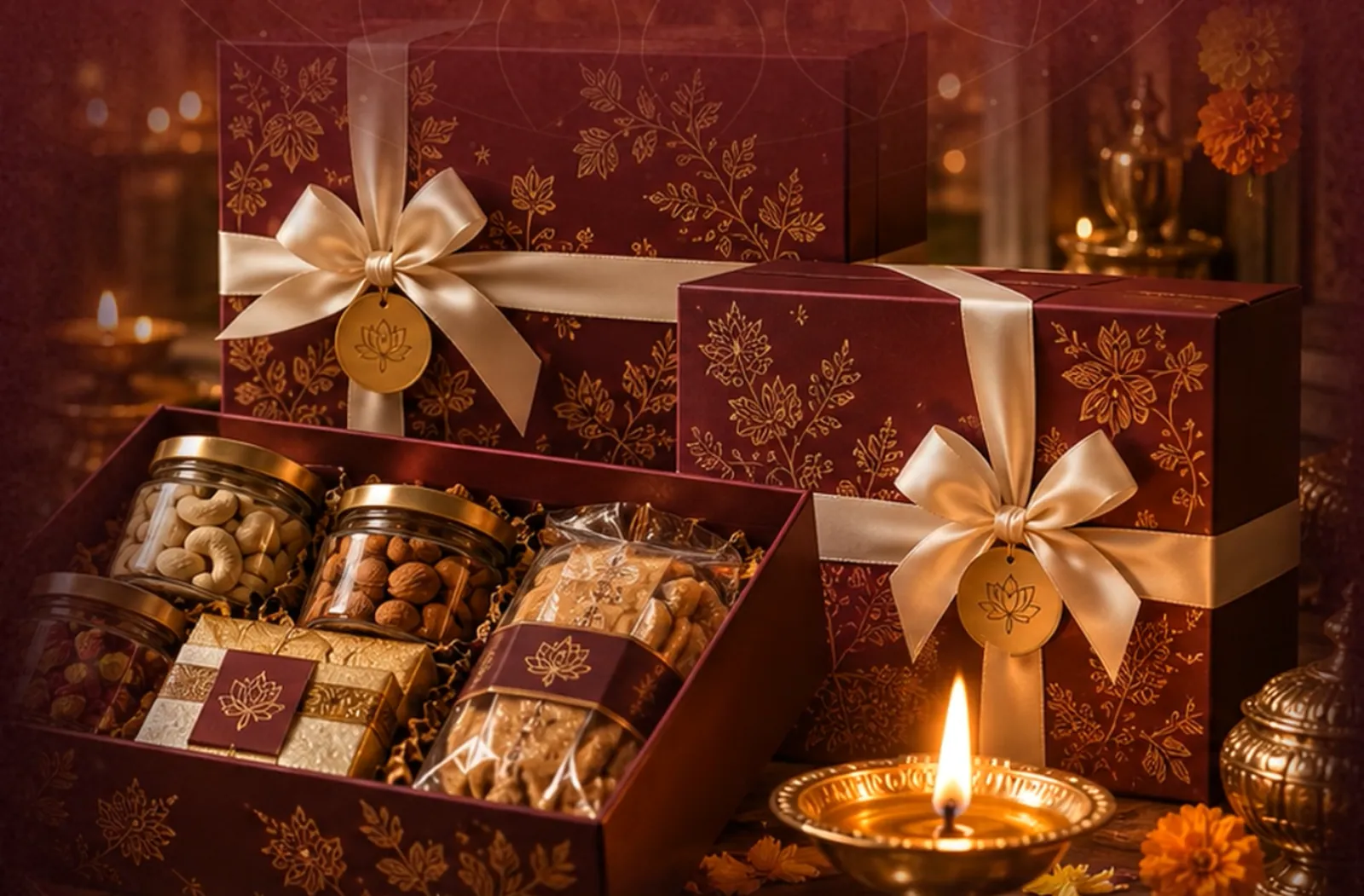 Soulful Streets hampers wrapped in wine-red boxes with gold ribbons, jars of nuts and a lit diya