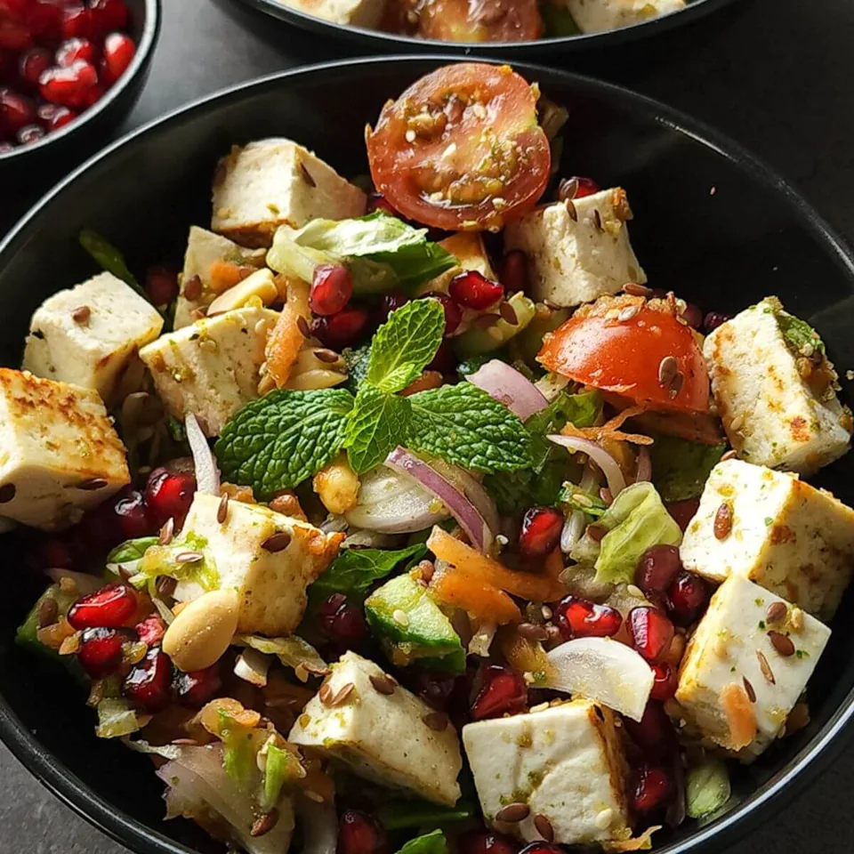A colourful paneer salad bowl with pomegranate, mint and greens