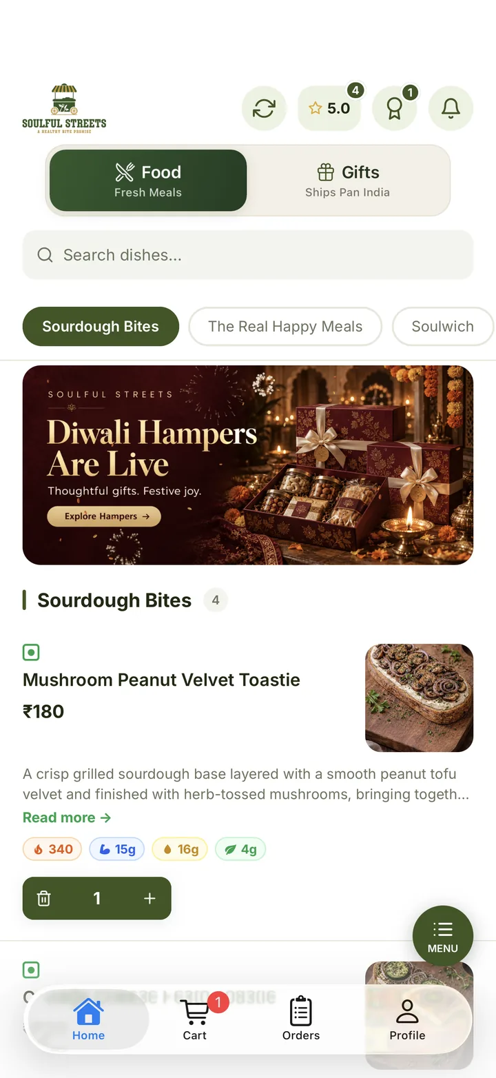 Soulful Streets app home screen showing the Food tab with Sourdough Bites